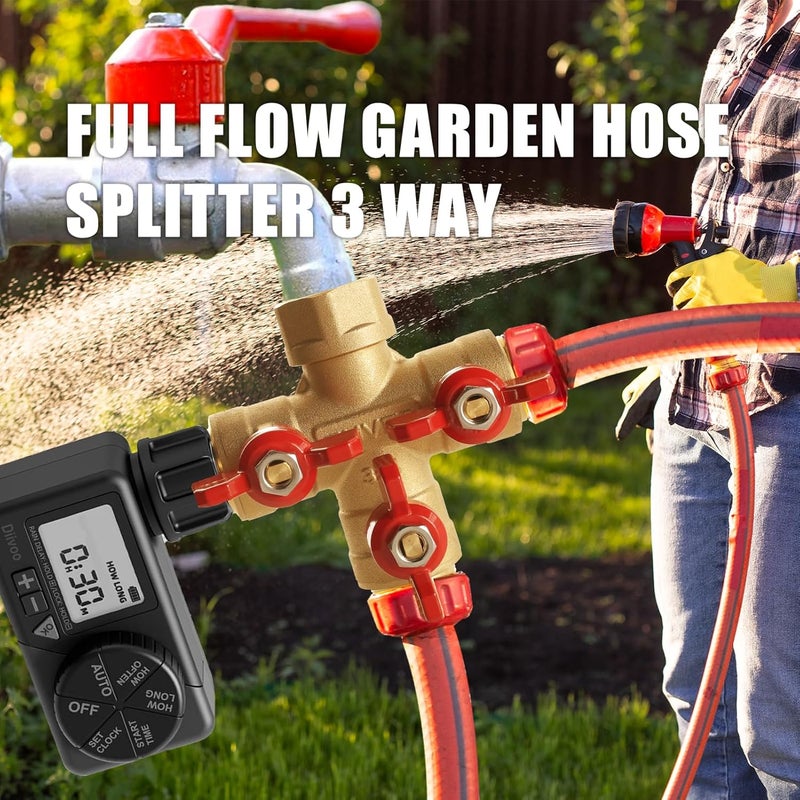 ZUVER Garden Hose Splitter 3-Way Y Valve – Heavy Duty Solid Brass Water Splitter with Aluminum Red Handle, 3/4" GHT Thread, High Flow Tap Splitter for Outdoor Faucet, Lawn, Irrigation, Washing - Image 2